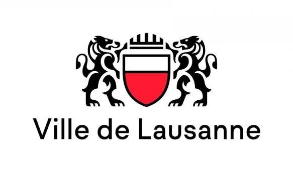 Logo of the City of Lausanne featuring two black lions and a red shield with white and black details.