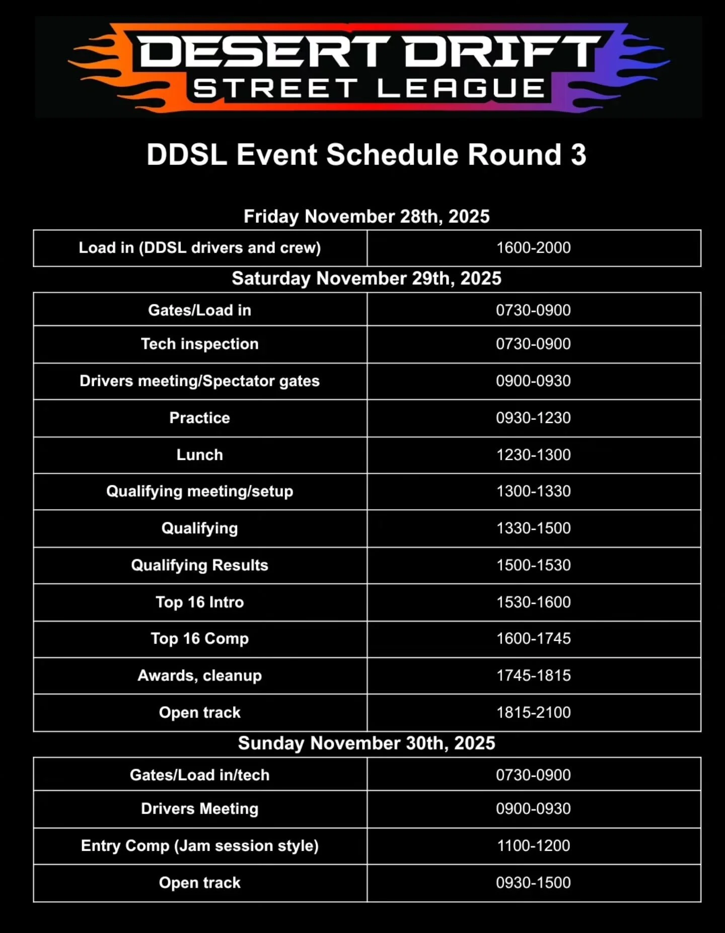 RD2 schedule. 

Entry comp moved to Sunday to allow for full DDSL comp day.