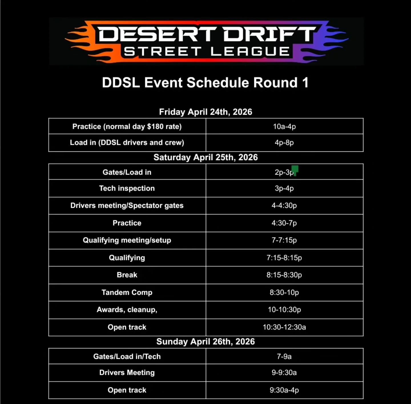 Round 1 schedule.

2pm load in! We are drifting into the night and enjoying the cooler weather.

There will be high schools using the track before us so please arrive at 2pm.