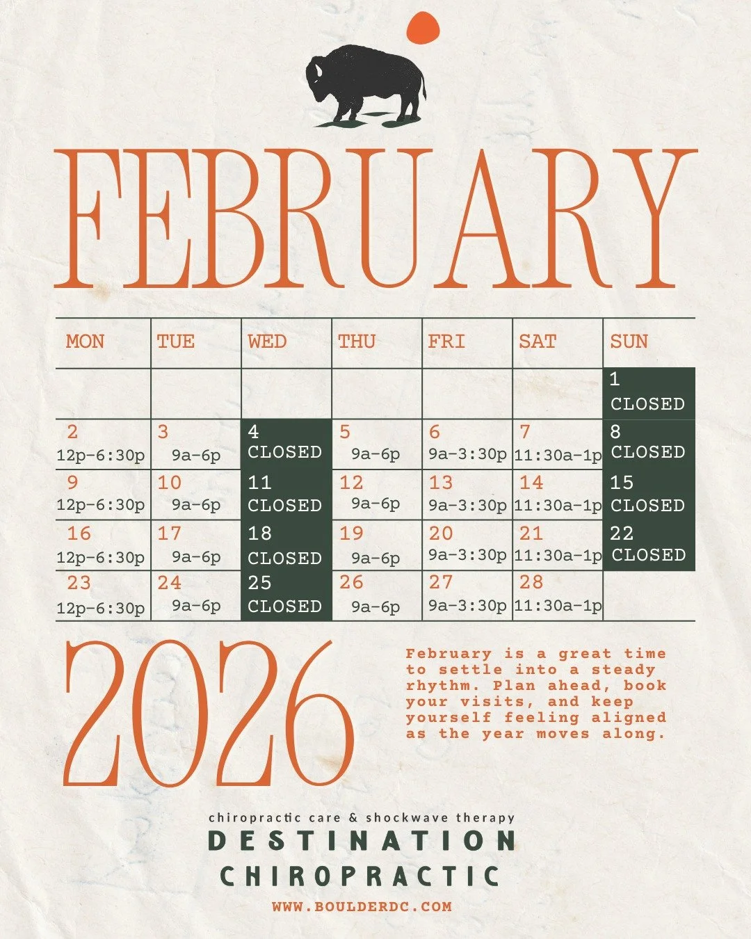 January was 139724 days long, but we managed to make it to February! :) Our February calendar is live so you can plan your care with ease. Save this post and book ahead, future you will thank you! #supportsmall #chiropractic #shockwave #boulder #colo