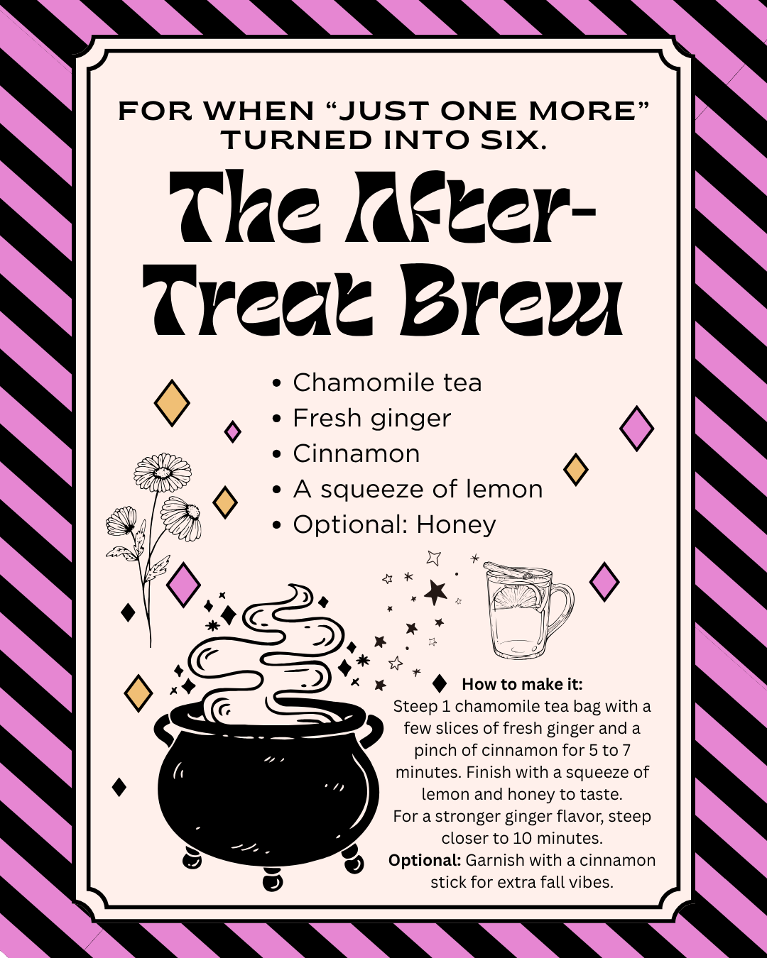 Halloween-themed recipe graphic for The After-Treat Brew, a warm chamomile tea with fresh ginger, cinnamon, lemon, and optional honey.