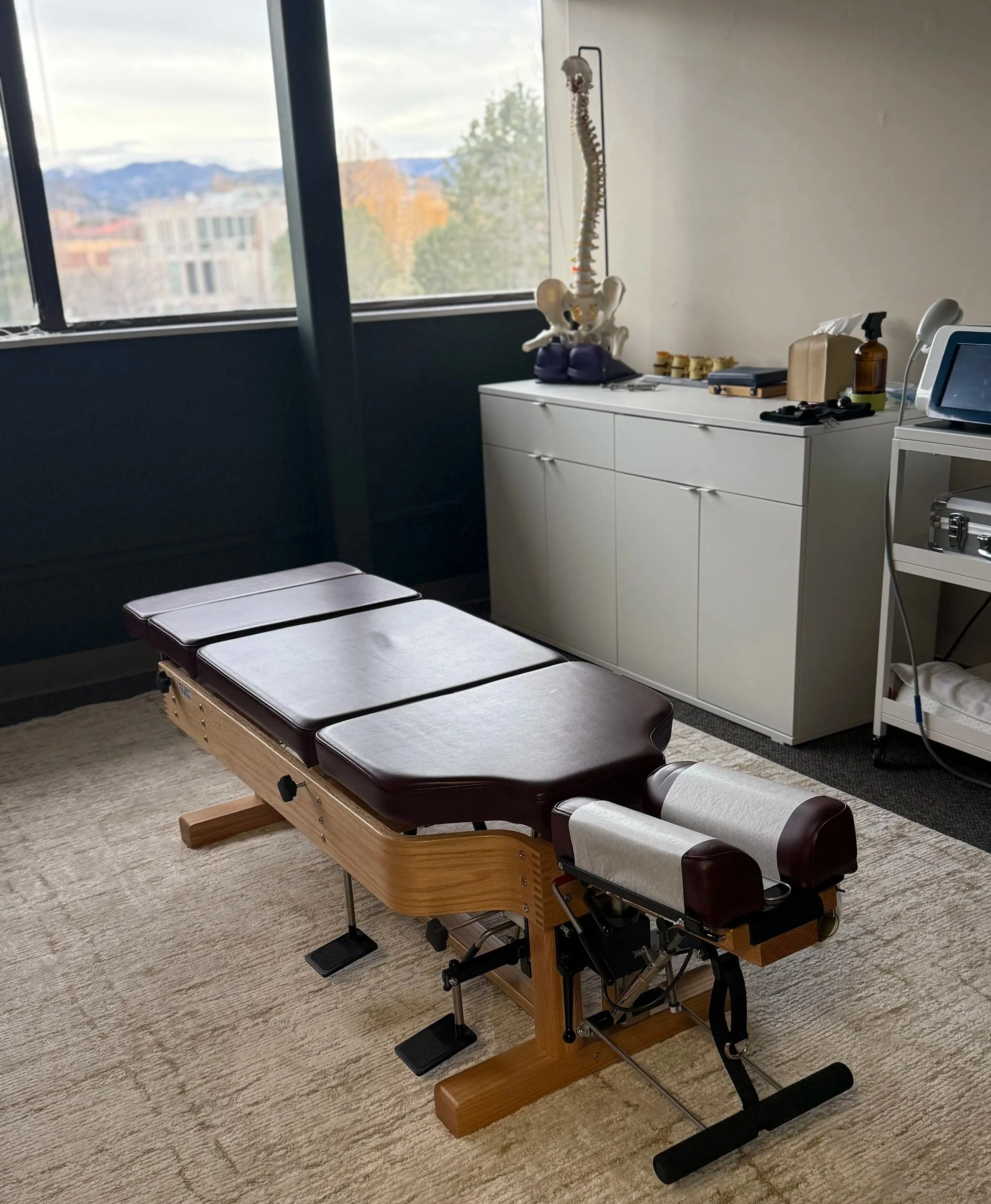 Treatment room at Destination Chiropractic in Boulder for chiropractic care and shockwave therapy