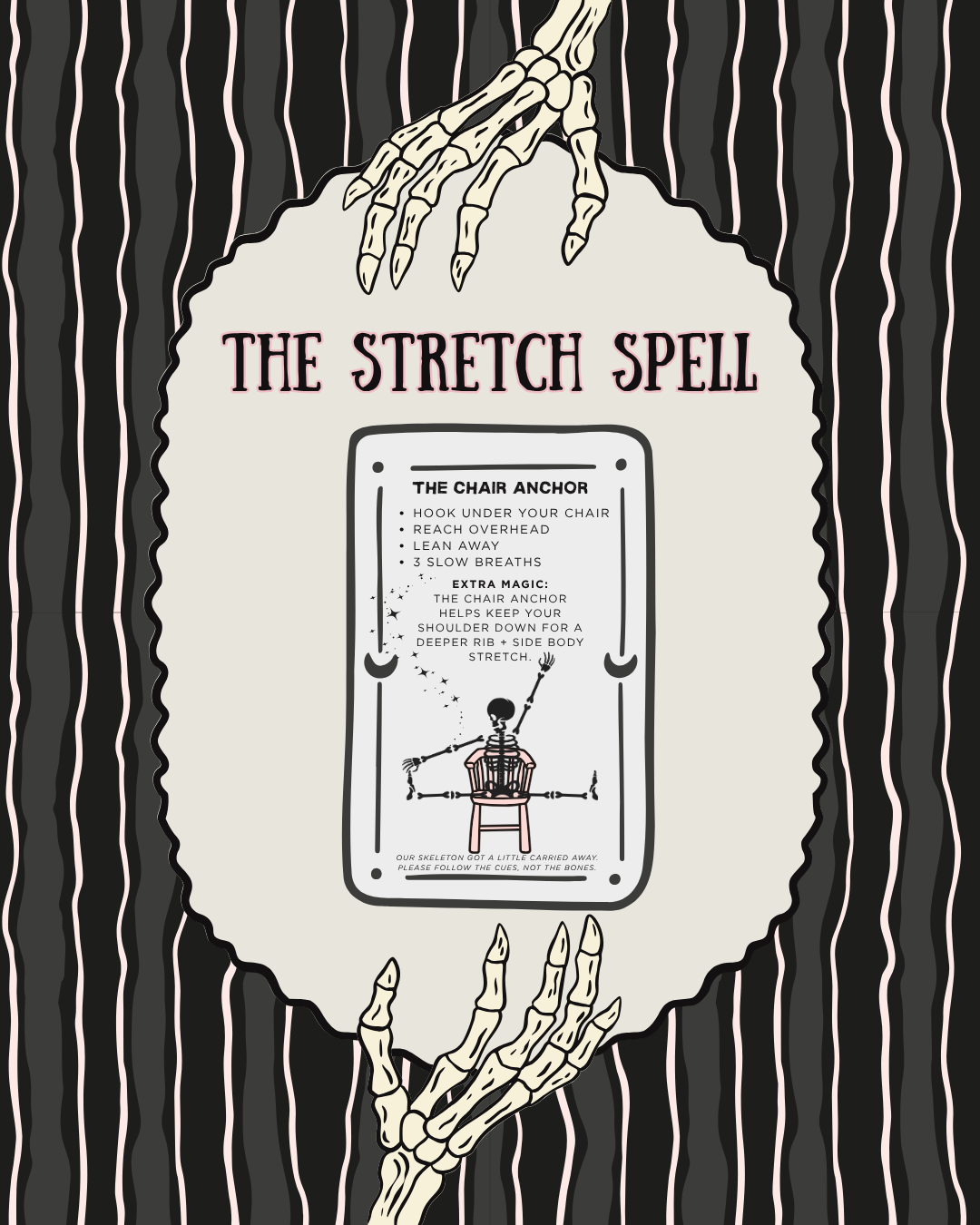 Halloween-themed Stretch Spell graphic showing a seated skeleton with instructions for the Chair Anchor stretch, a seated side-body stretch using one hand anchored under the chair.