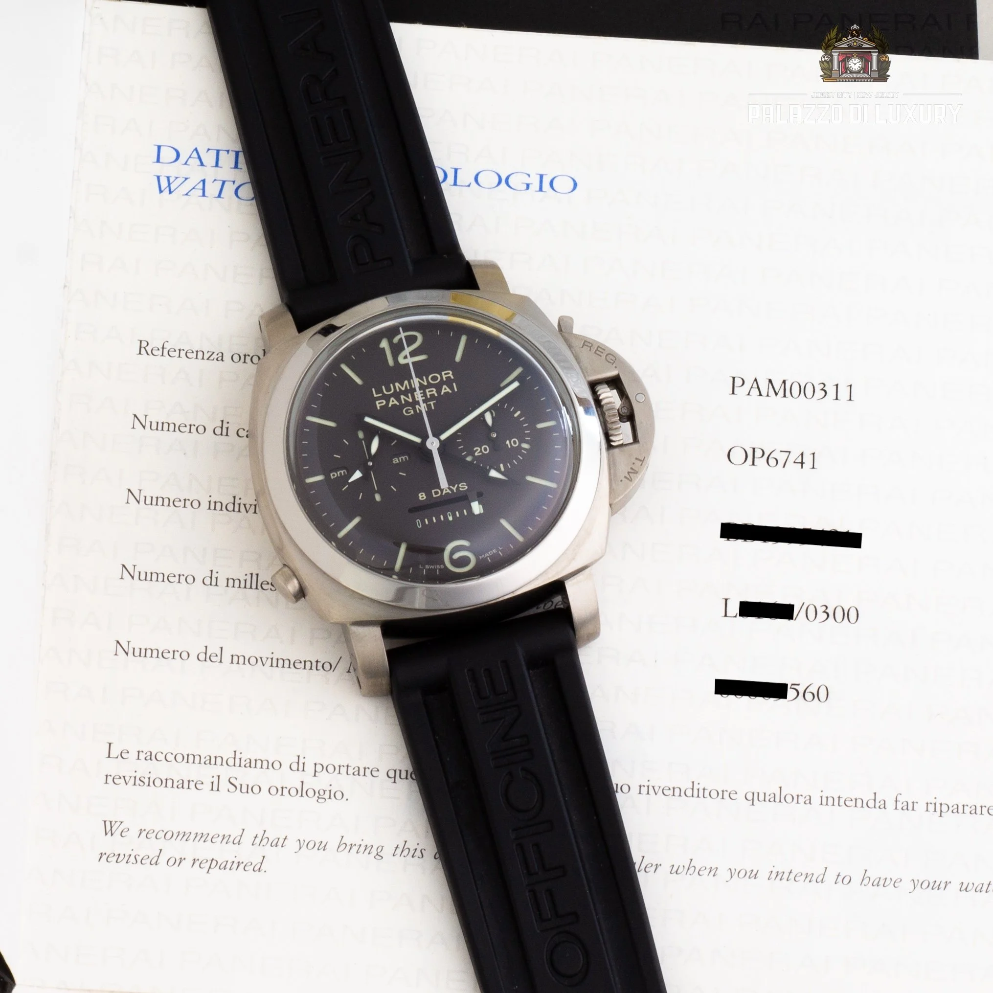 Panerai Luminor 1950 GMT Chrono Monopulsante PAM00311 – Limited Edition Titanium 44mm - Available at Palazzo Di Luxury Jersey City NJ