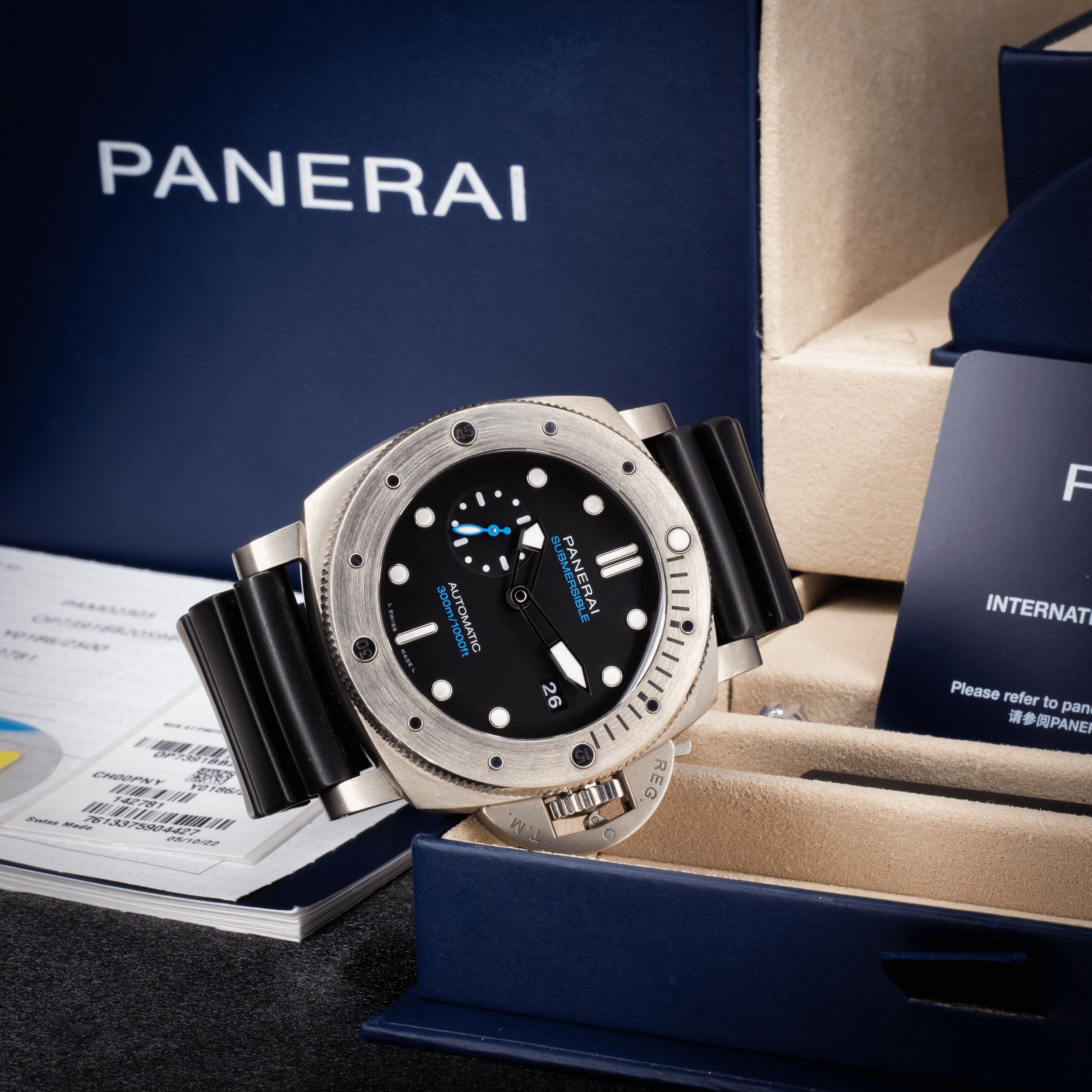 Panerai Submersible PAM02305 – 47mm Titanium – Complete Set - Available at Palazzo Di Luxury Jersey City NJ