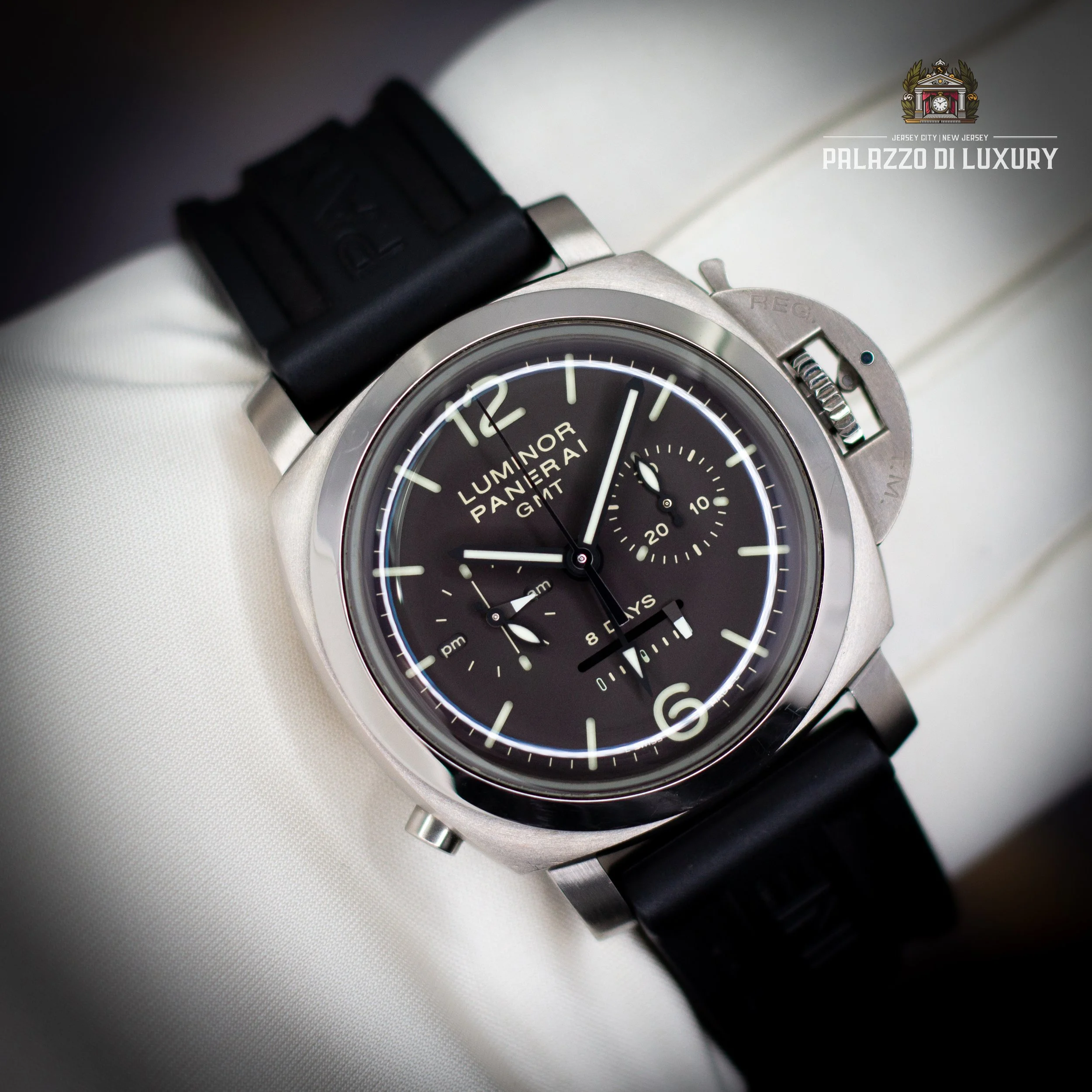 Panerai Luminor 1950 GMT Chrono Monopulsante PAM00311 – Limited Edition Titanium 44mm - Available at Palazzo Di Luxury Jersey City NJ