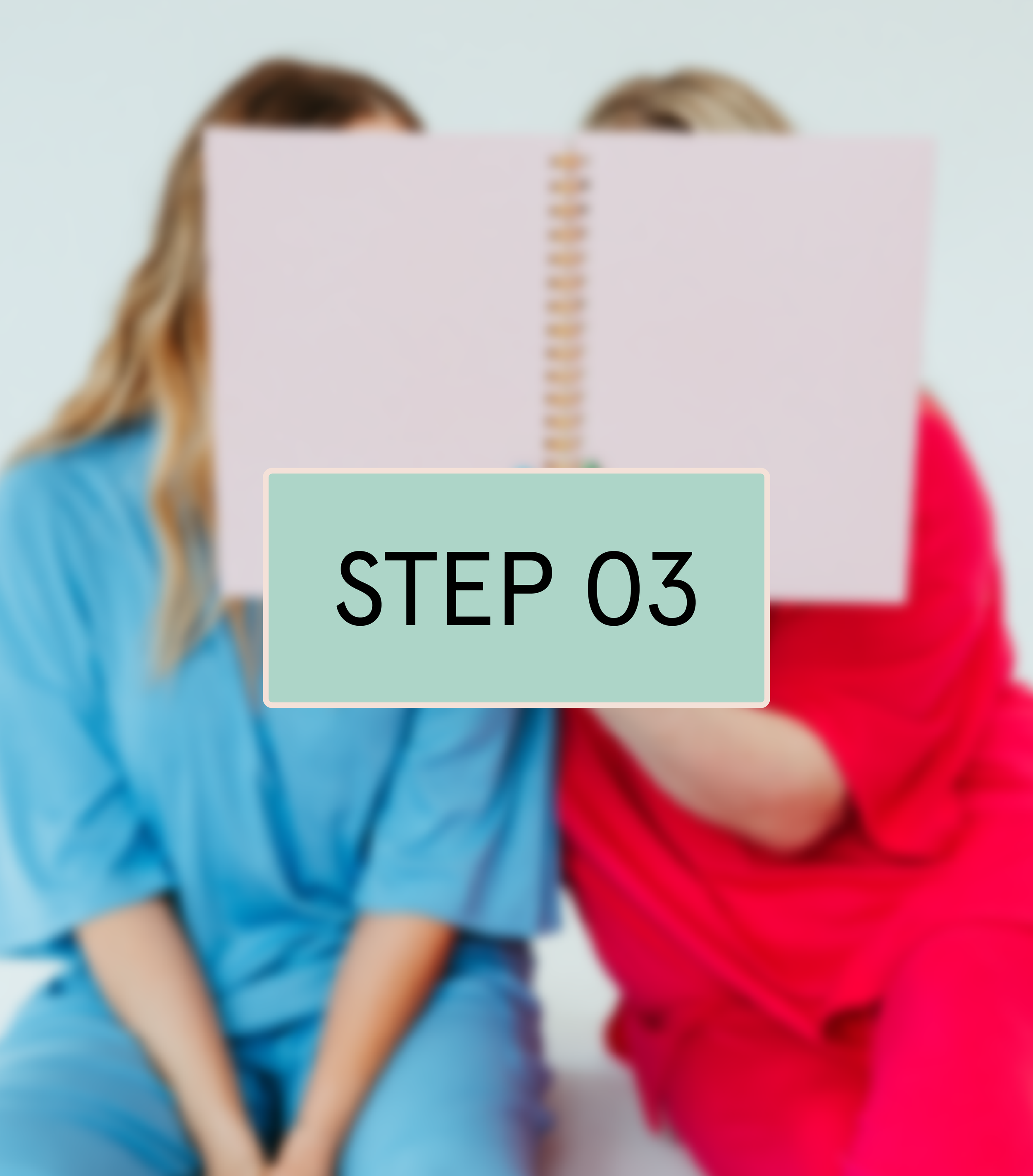 Two young children with long blonde hair, one wearing a blue shirt and the other in a red shirt, are holding a spiral notebook in front of their faces, with the text 'STEP 03' written on it.