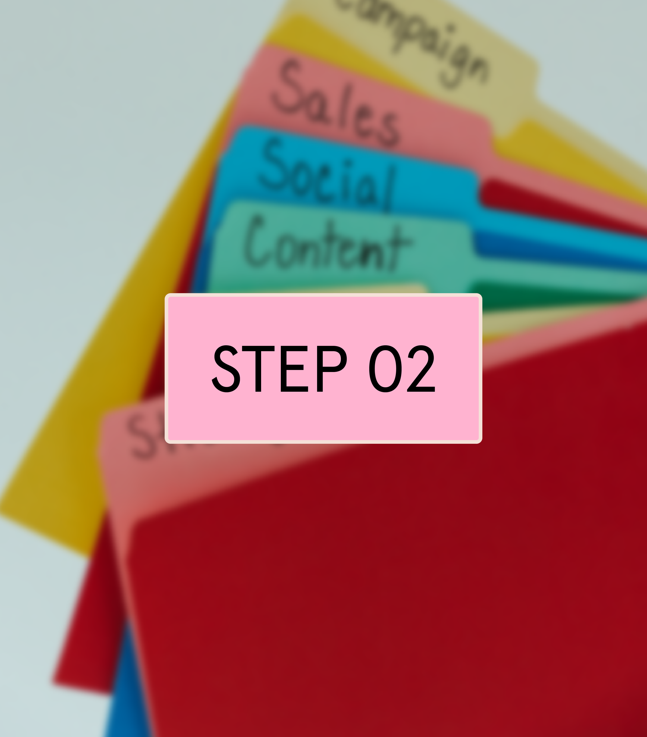 Colorful folders labeled 'Science,' 'Social,' and 'Content,' with a pink label reading 'STEP 02' in front.