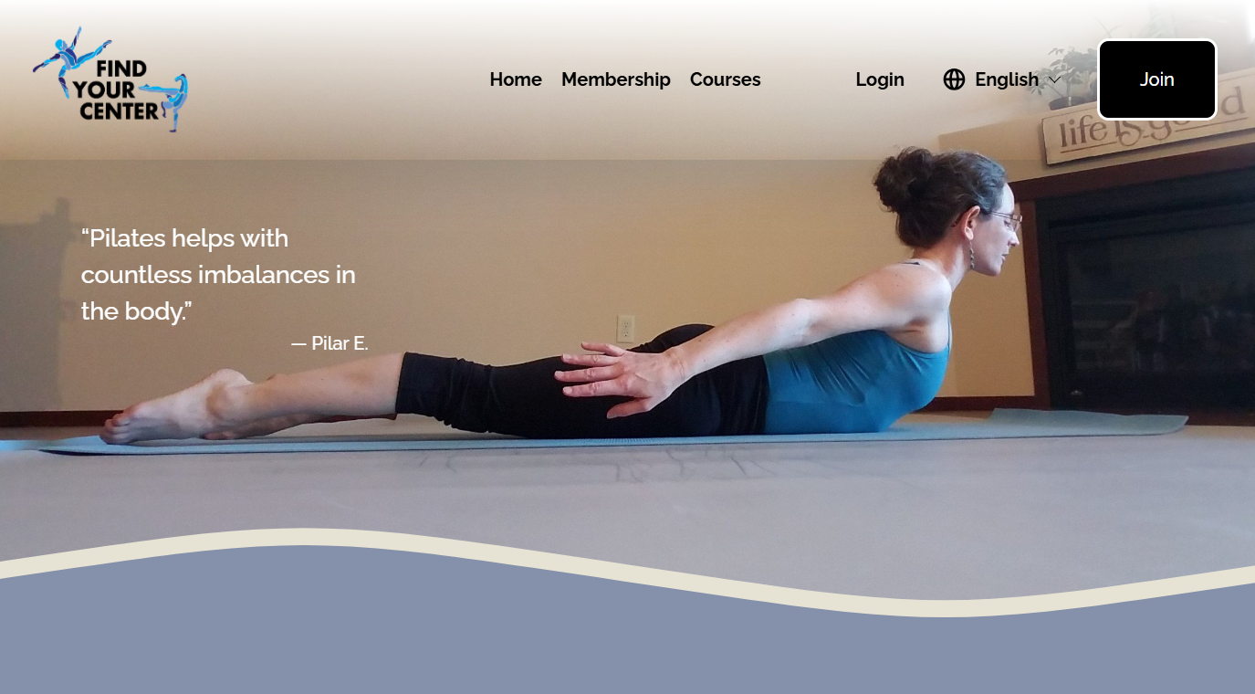 Kate lies prone lifting her back in a Pilates back strength exercise. A quote reads, "Pilates helps with countless imbalances in the body." - Pilar E.