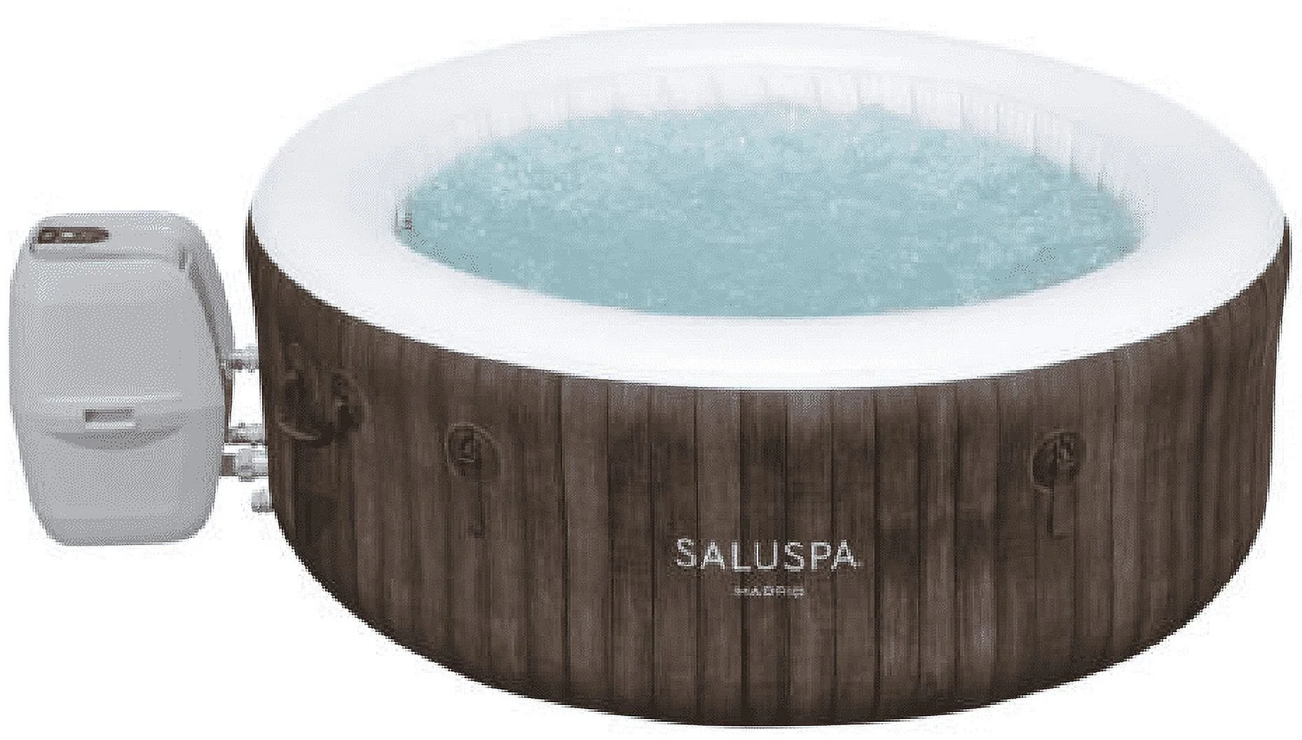 Inflatable hot tub with brown exterior and integrated pump.