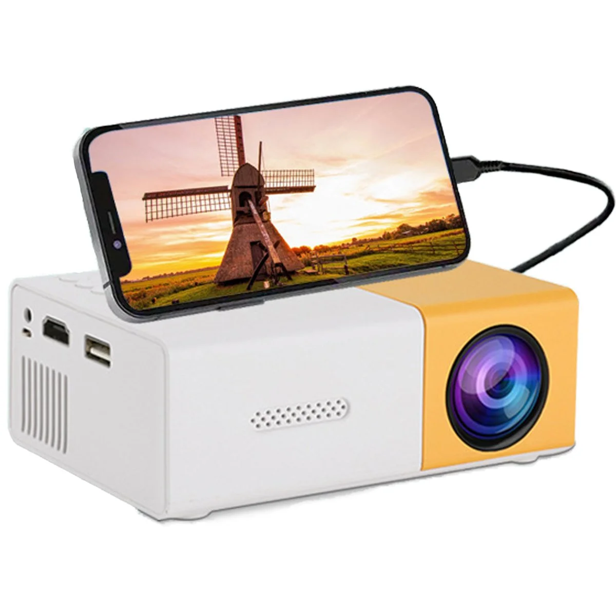 Mini projector with phone displaying windmill image