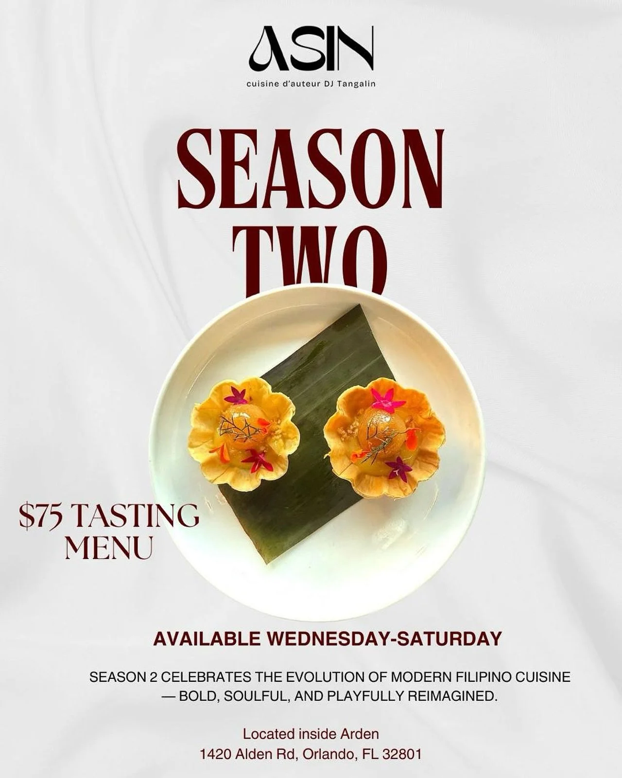 New and improved dishes coming your way! 🇵🇭 ❤️ 
Reservation Link in our profile 🙏🏽🙌🏽

Season 2 Menu (subject to change base in availability from our local partners) 

- Oyster with sawsawan gel&eacute;e (@iroc_oysters 
- Calamansi Tart
- Skewer