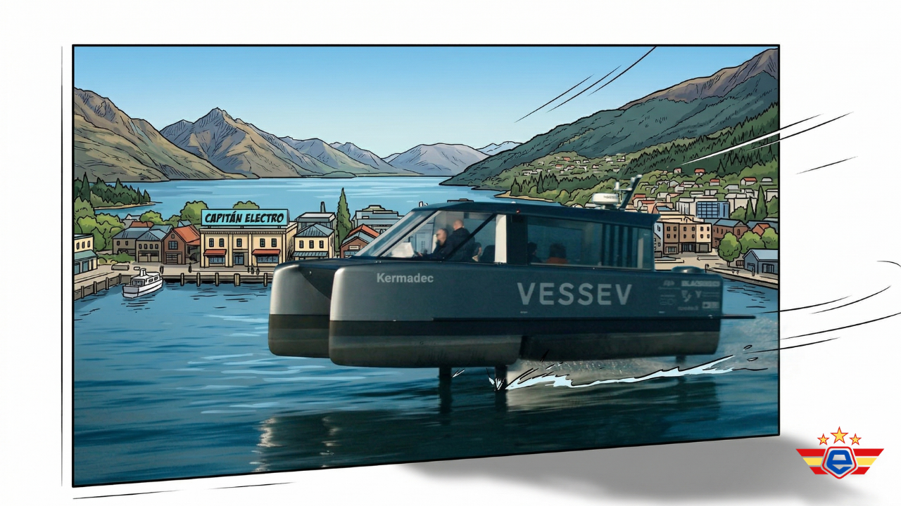 Ilustración de hidroala eléctrico Vessev VS-9 planeando frente a la sede de Capitán Electro en un lago montañoso.