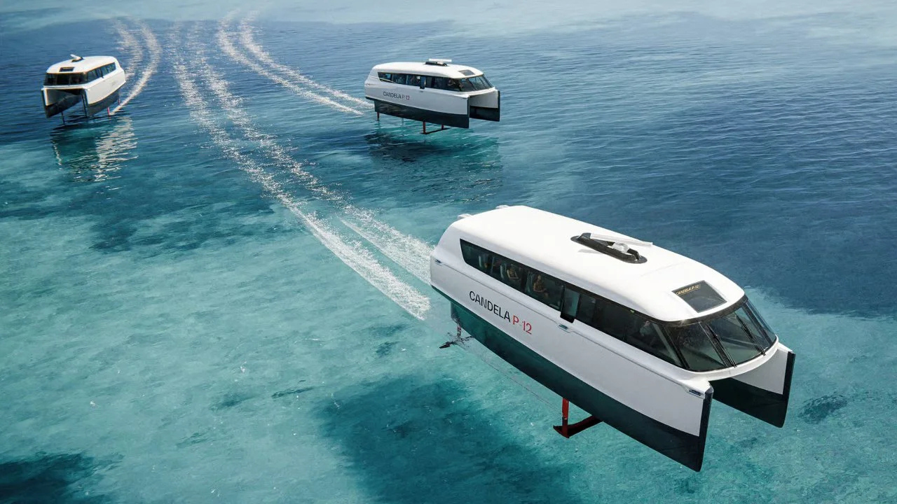 Renderizado de tres hidroalas Candela P-12 blancos sobre agua turquesa tropical. El futuro de Candela P-12 electric ferry.