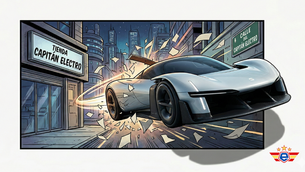 Stylized illustration of silver electric supercar speeding through comic city streets near Capitán Electro store.