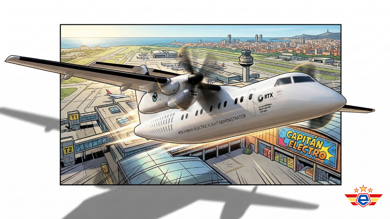 Ilustración estilizada de un avión híbrido-eléctrico RTX volando frente al Empire State con un cartel de Capitán Electro.