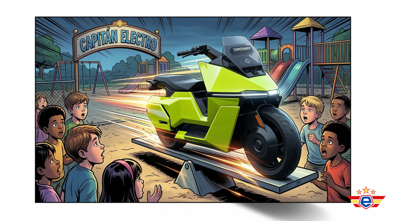 Ilustración de un scooter Omoway verde neón en un balancín de parque en un cómic. Noticias de Capitán Electro.