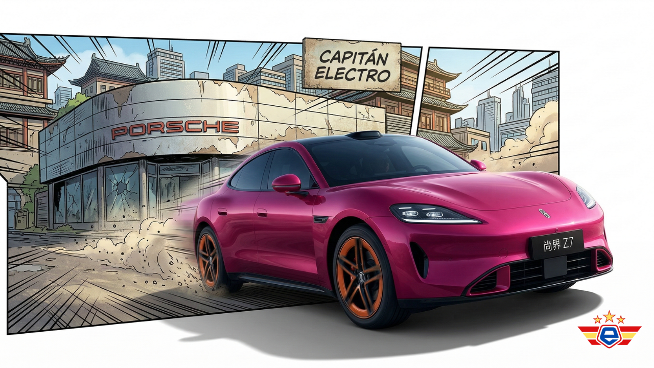 Ilustración estilizada de un Shangjie Z7 magenta pasando frente a un concesionario Porsche en ruinas para noticias EV.