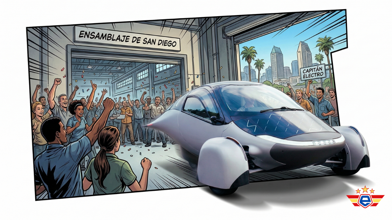 Ilustración estilizada de un Aptera plateado saliendo de una fábrica en San Diego mientras una multitud celebra.