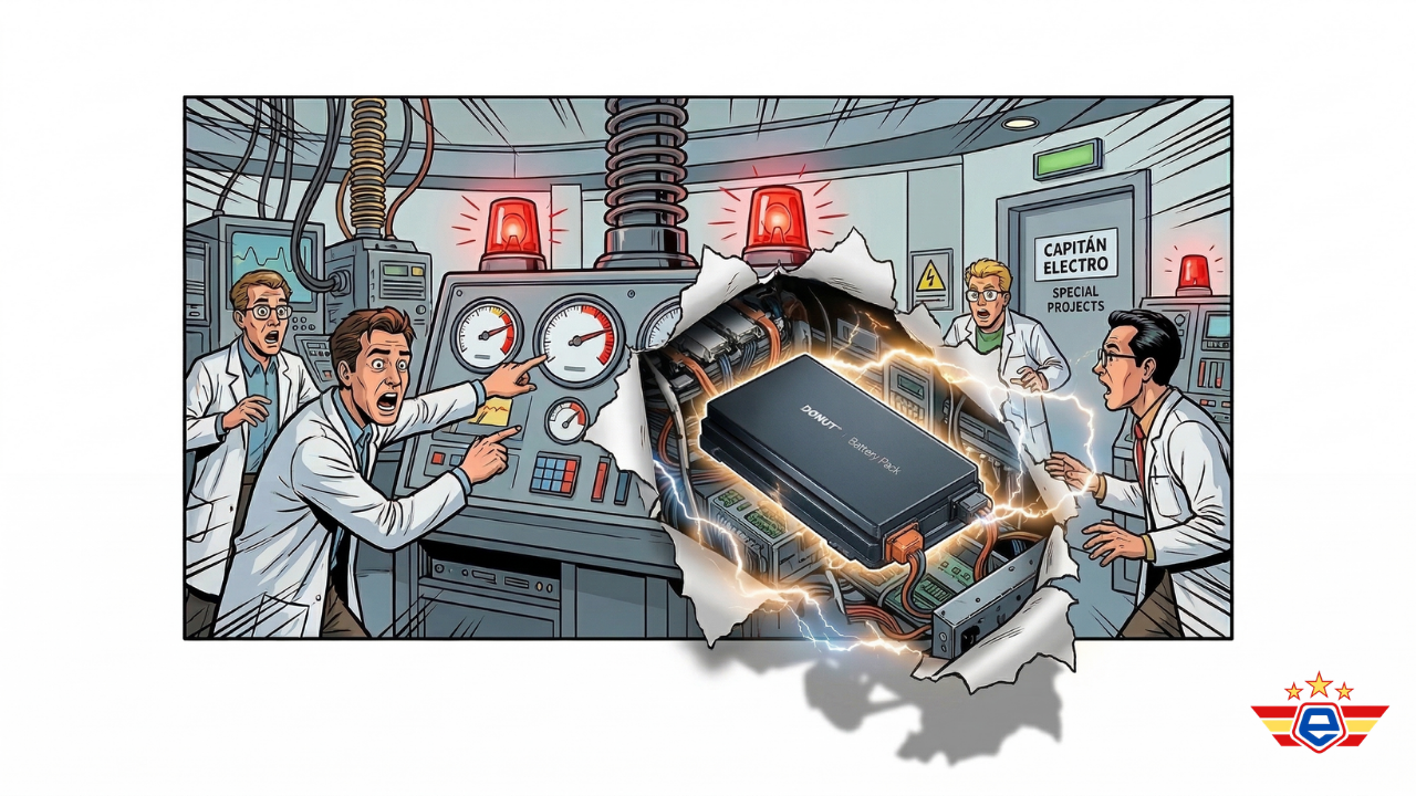 Ilustración estilizada de una batería de estado sólido Donut Lab brillando y causando alarma en científicos de Capitán Electro.