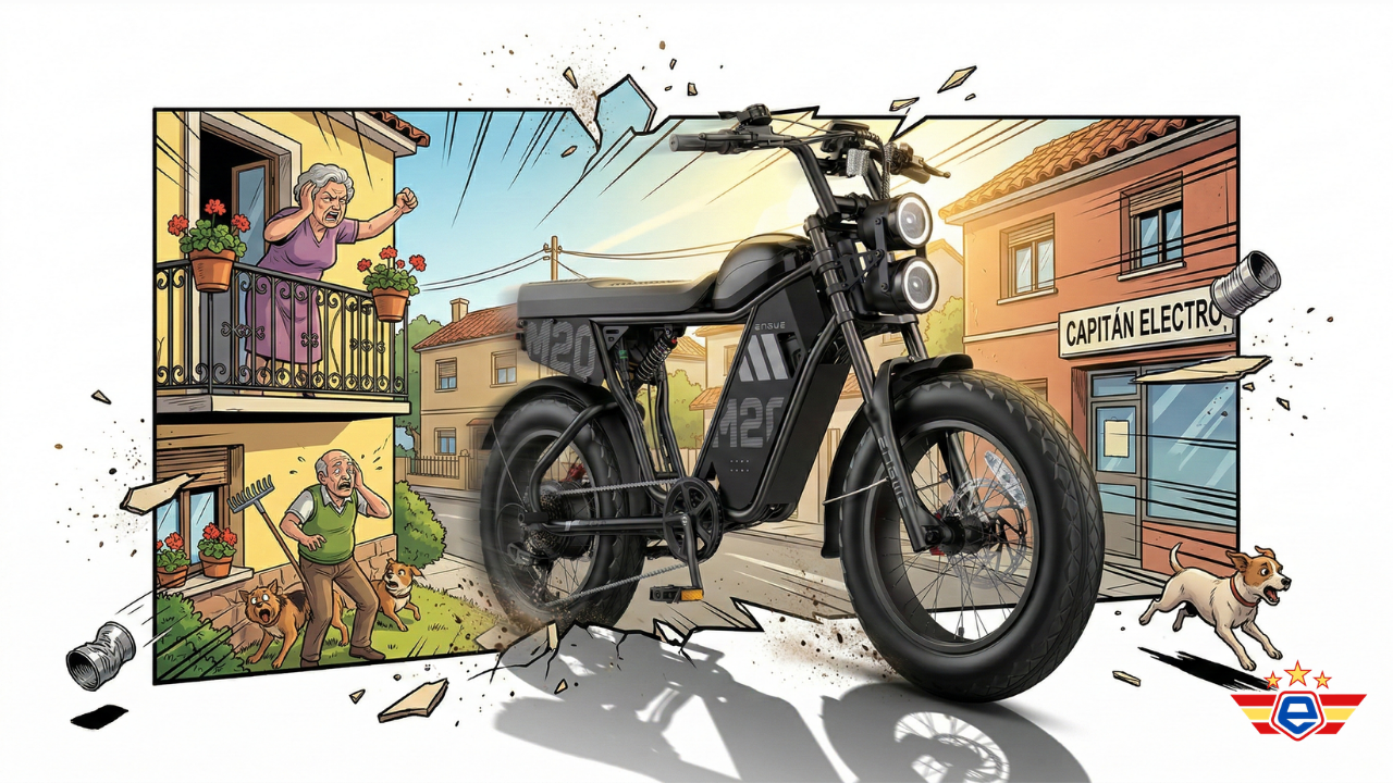 Ilustración estilizada de una e-bike Engwe M20 rompiendo el marco de un cómic en un pueblo español.