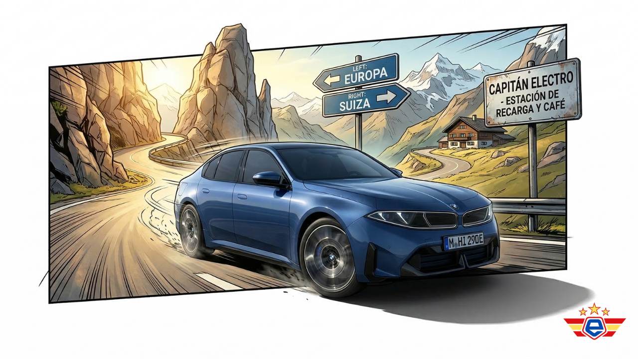 Ilustración estilo cómic de un sedán eléctrico BMW azul, derrapando en un paso alpino, pasando un cartel de "CAPITÁN ELECTRO".