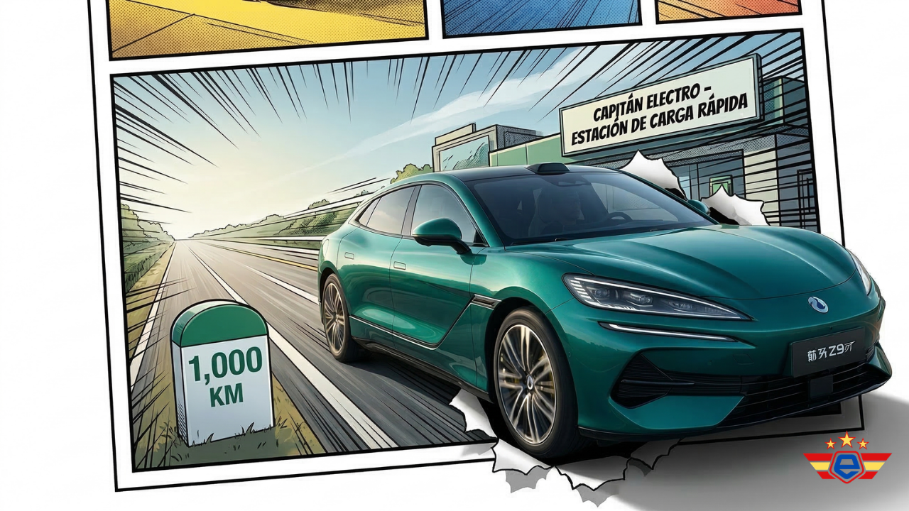 Ilustración estilizada de un Denza Z9 GT verde cerceta pasando un marcador de 1,000 KM hacia una estación Capitán Electro.
