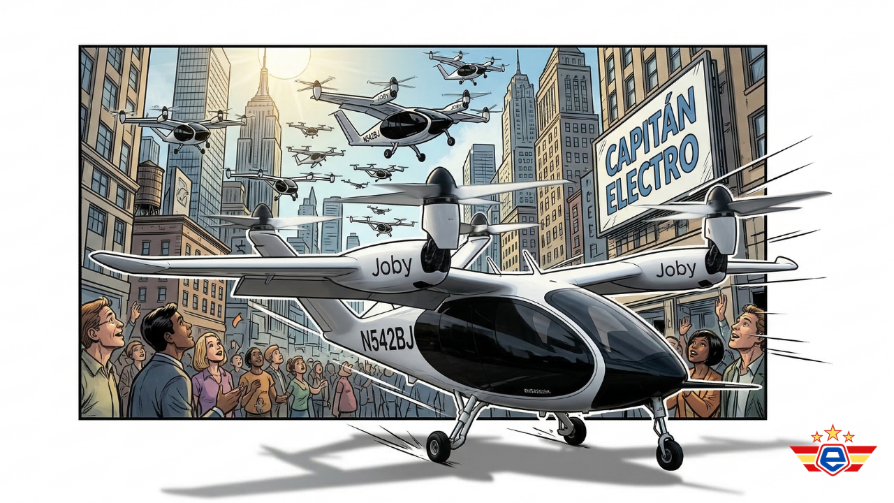 Ilustración estilizada de eVTOL Joby S4 blancos sobrevolando Nueva York frente a un letrero de Capitán Electro.
