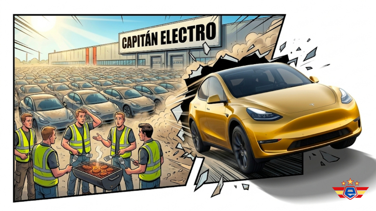 Stylized illustration of a yellow Tesla Model Y bursting from a factory lot where workers grill by dusty Model 3s.