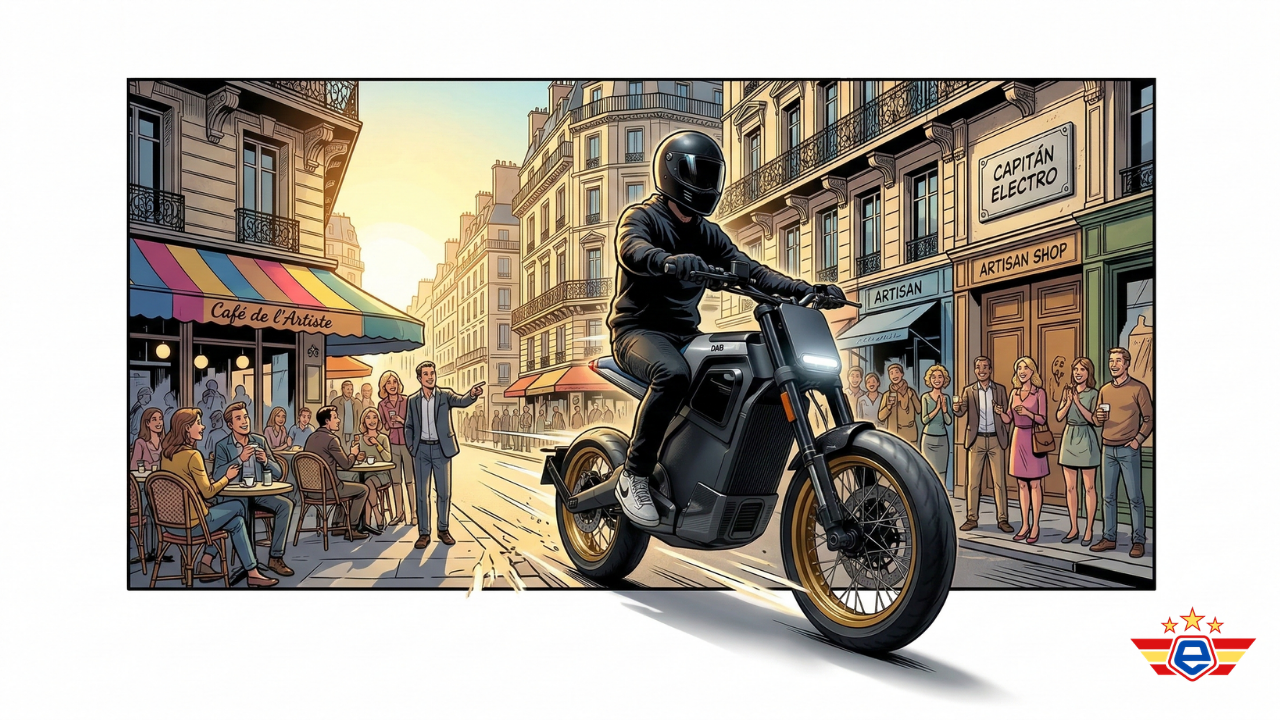 Ilustración estilizada de un motociclista de traje en una DAB 1alpha acelerando por una calle de París.