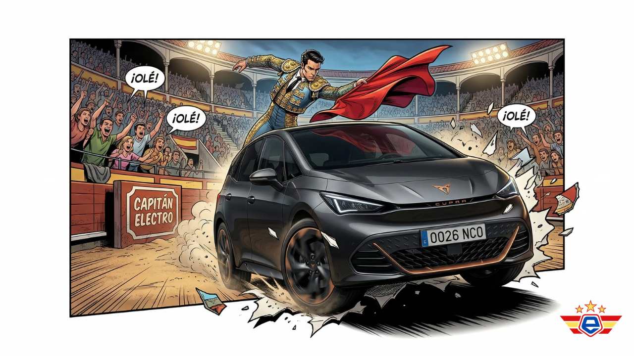 Ilustración estilizada de un Cupra Born eléctrico gris en una plaza de toros esquivado por un matador con capa roja.