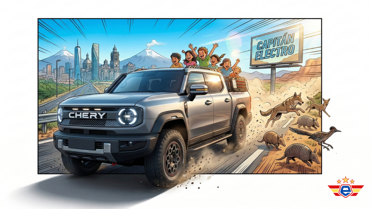 Ilustración de pickup eléctrica Chery plateada en el outback australiano con canguros y niños festejando.