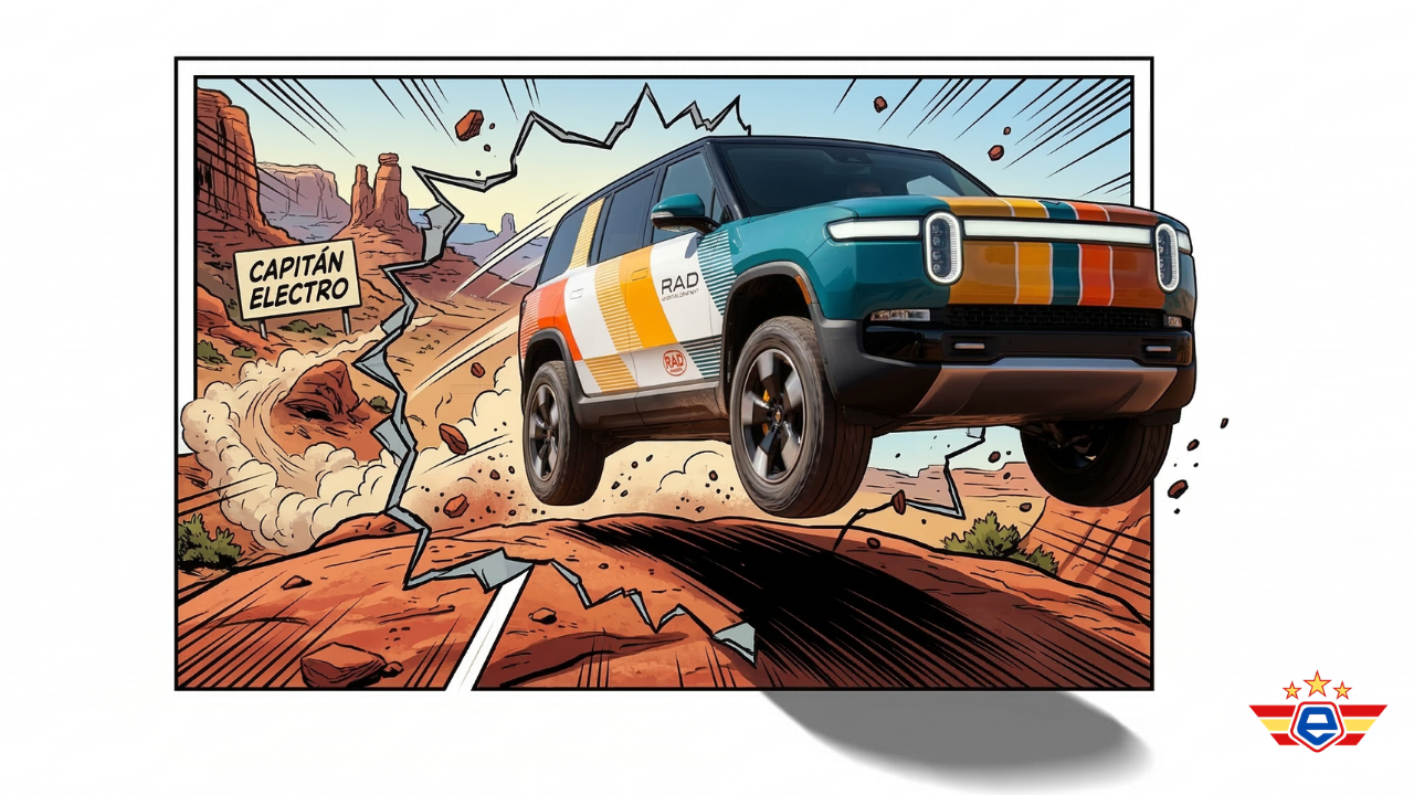 Ilustración de un Rivian R1S colorido en un cañón con el nombre Capitán Electro tallado en la roca del desierto.