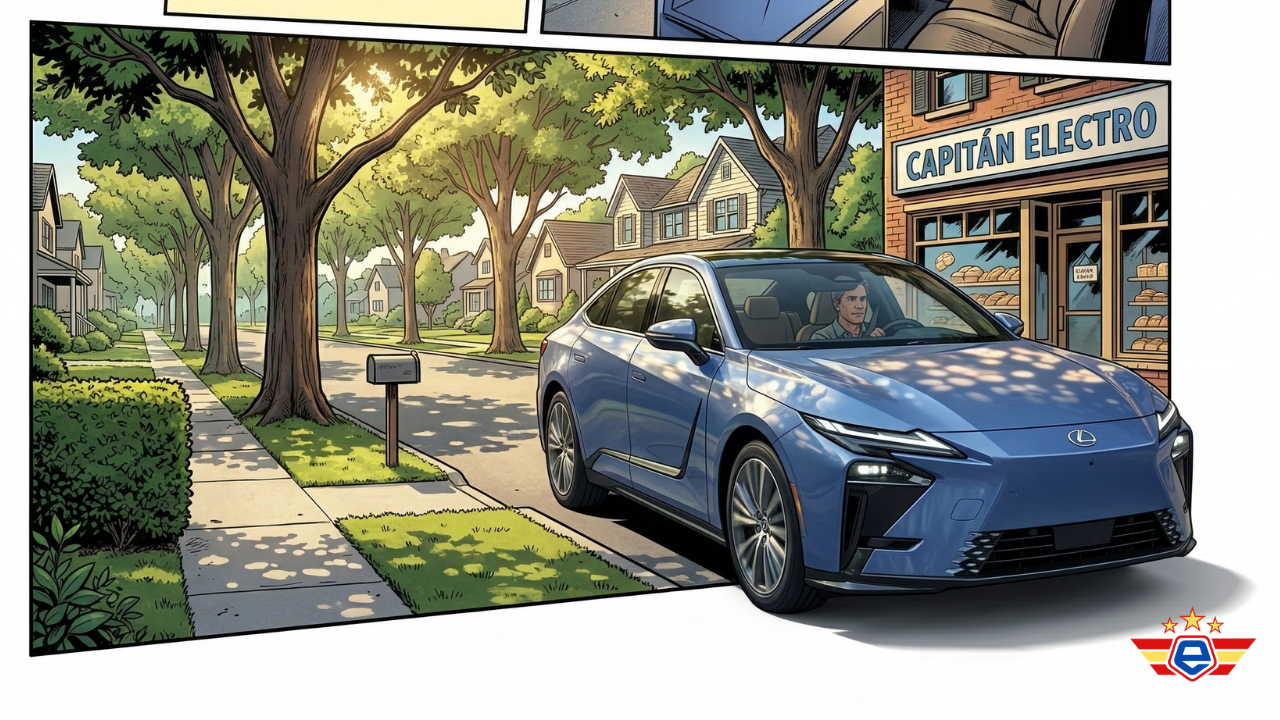 Ilustración estilizada de un Lexus ES 350e azul atravesando una escena de cómic en Capitan Electro.
