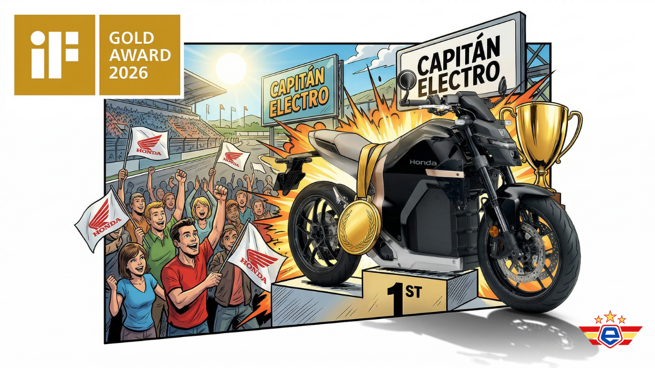 Ilustración estilizada de una moto eléctrica Honda negra en un podio de ganador con una medalla de oro y trofeo.