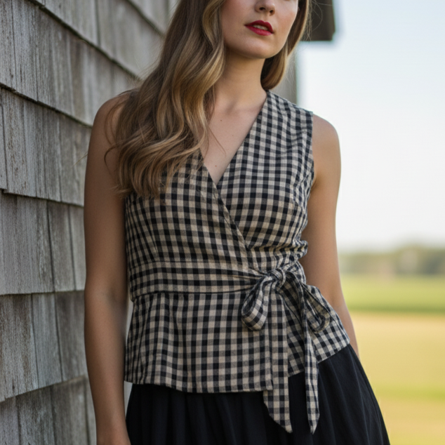 Fawn & Black Check Faux Wrap Top with Waist Tie