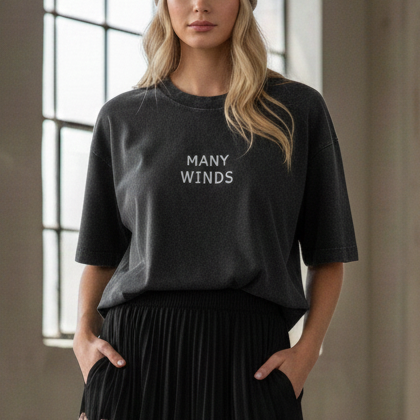 Black Acid Wash Many Winds Logo T-Shirt