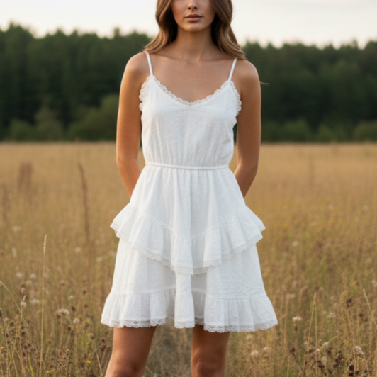Romantic White Cotton Lace Dress