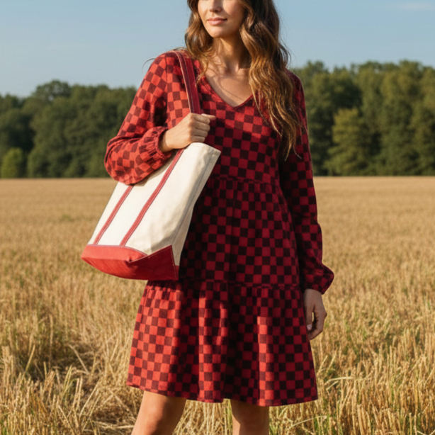 Scarlet Checker Print Shirred Hem Dress