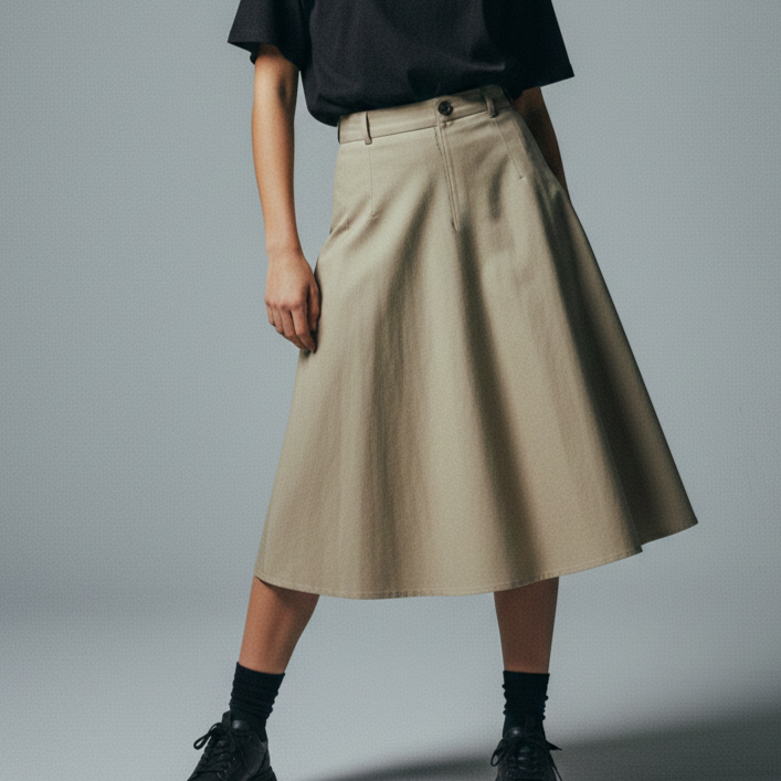 Khaki Button-Front Midi Skirt