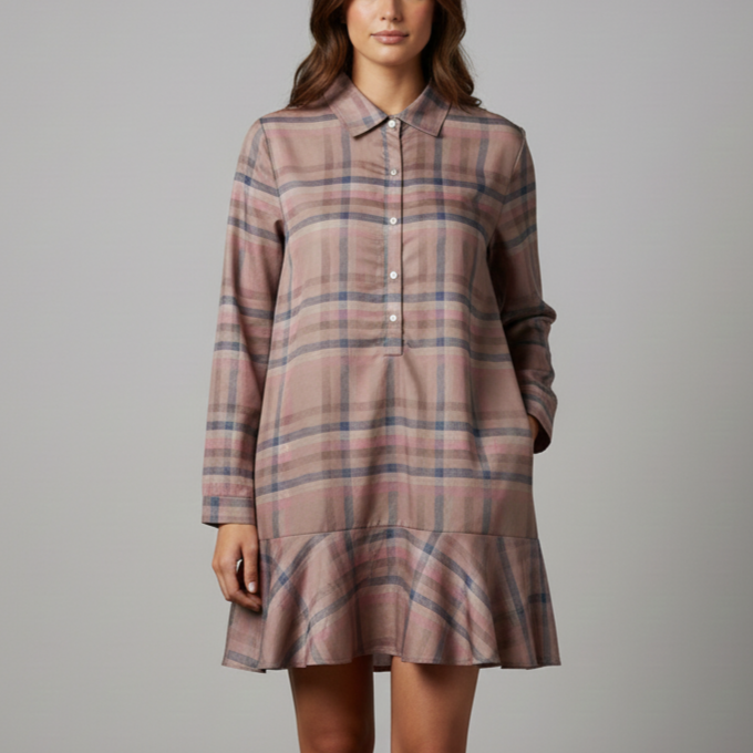 Fawn Brown Plaid Dress with Flounce Hem