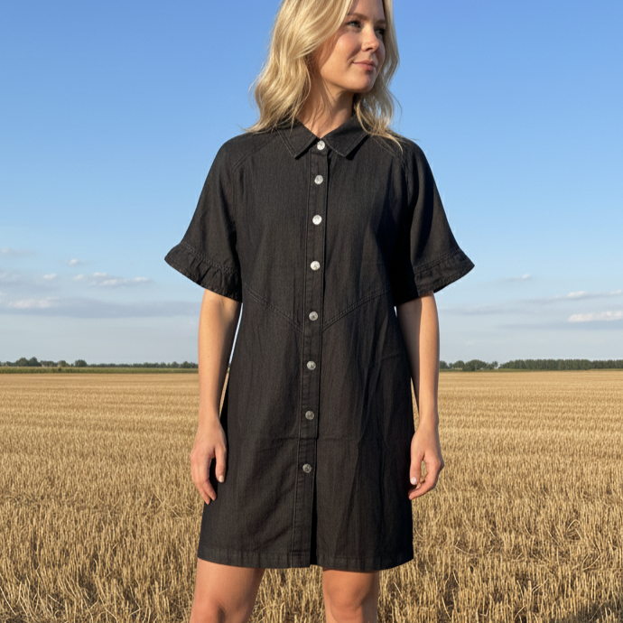 Black Denim Button Front Dress with Ruffled Sleeves