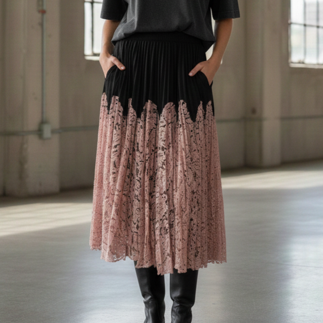 Pleated Satin Skirt with Soft Pink Lace