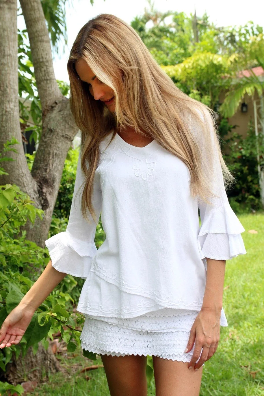 White Boho Flutter Sleeve Shirt