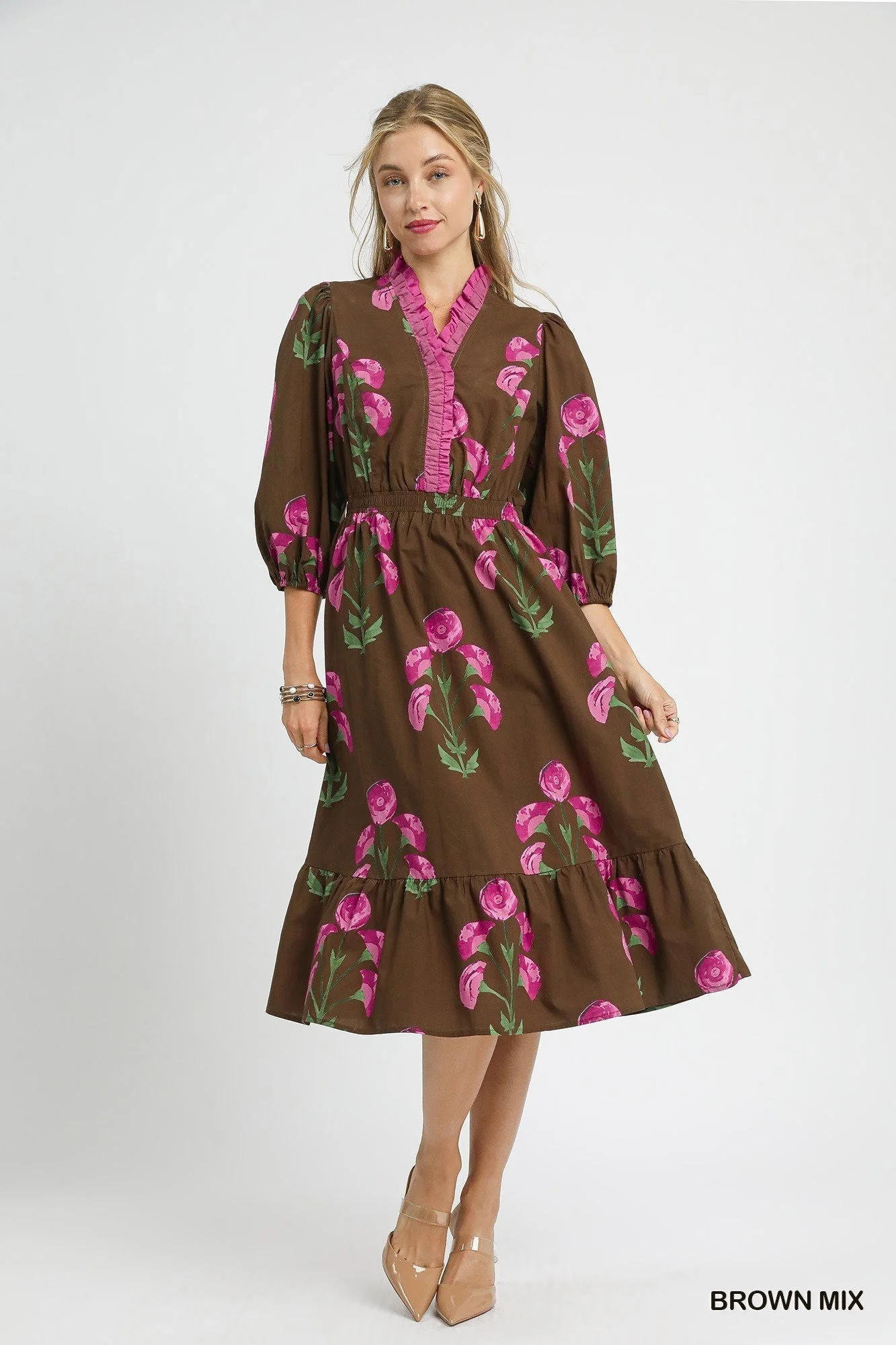 Brown Midi Floral Dress