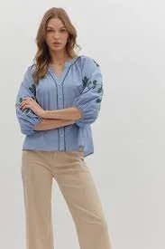 Loftin Blue Top with floral sleeves