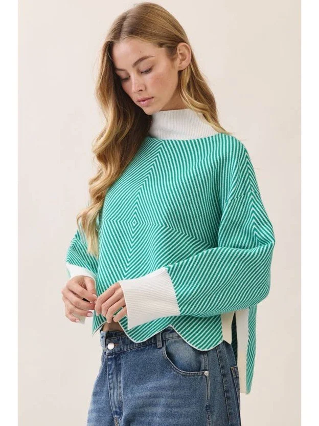 Teal Striped High Low Sweater