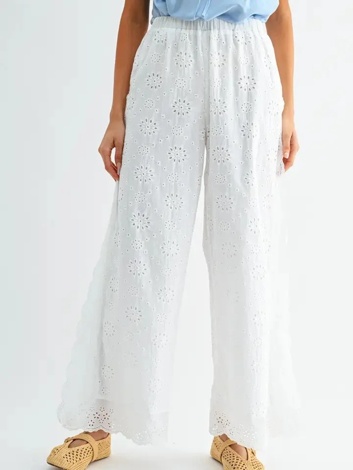 White Eyelet Pants with elastic Waist
