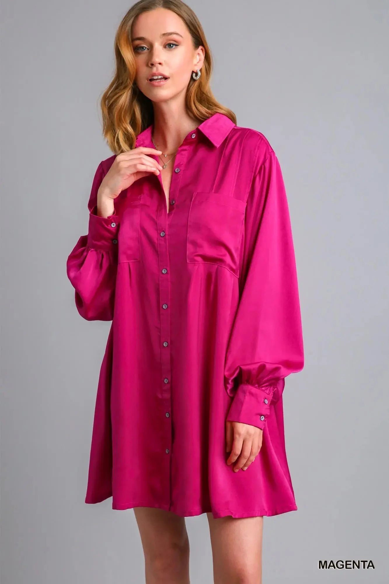 Satin Magenta Shirt Dress