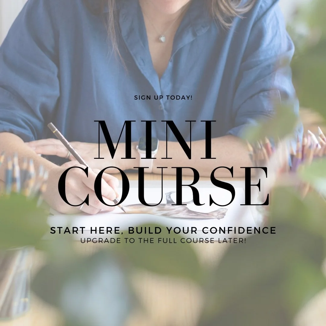 Woman in a blue shirt signing up for a mini course about creativity, surrounded by colored pencils.
